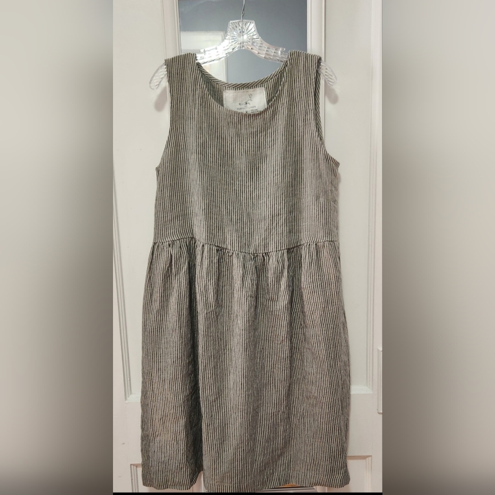 NotPERFECTLINEN Midi Smock Dress in Natural Stripes  M NWOT